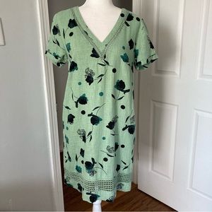 Next Green Floral Print Linen Blend Short Sleeve V-Neck Shift Dress